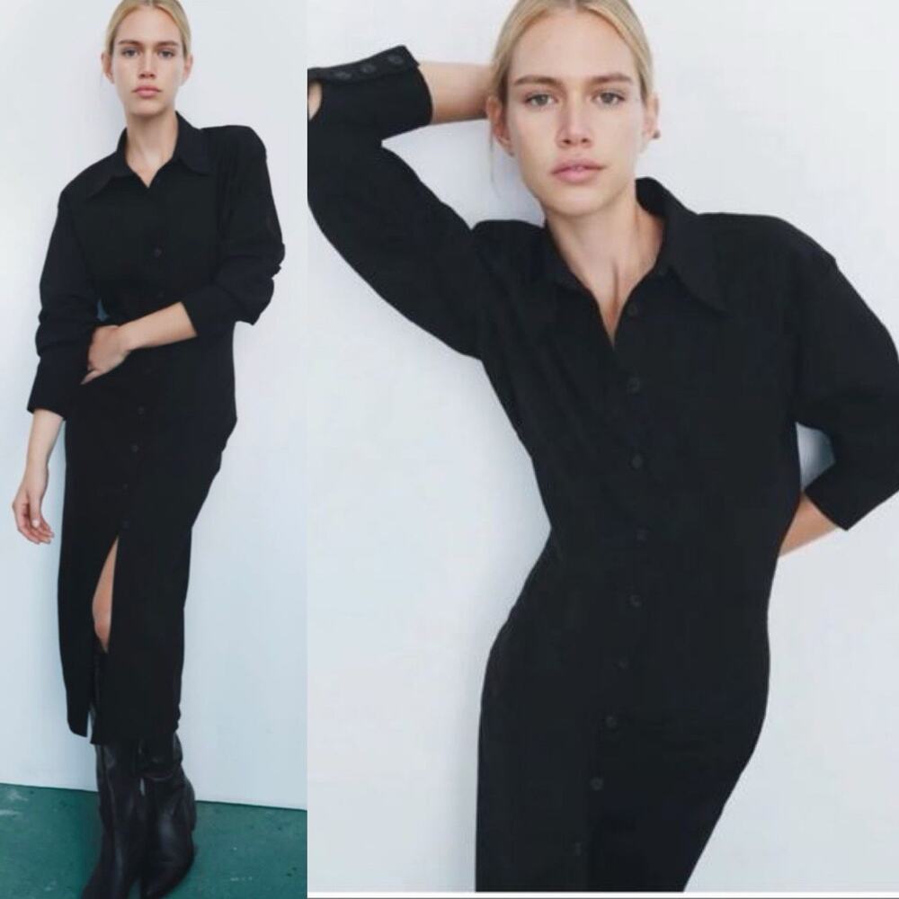 NWT Zara Sleek Black Button Midi Minimalist Career Dress Quiet Luxury L